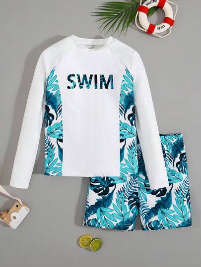 SHEIN Teen Boys' Casual Patchwork Tropical Print Long Sleeve Rash Guard Shirt With Boxer Briefs Swim Shorts