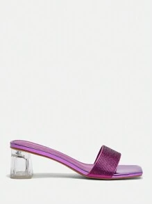 SheIn BIZ Ladies' Purple Pu Rhinestone Decor Mule Clear Heel Sandals - Purple - View 5