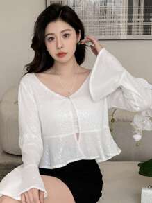 DAZY Solid Color Glitter Long Sleeve Crop Blouse With Flare Cuffs For Women,Ruffle - White - View 1