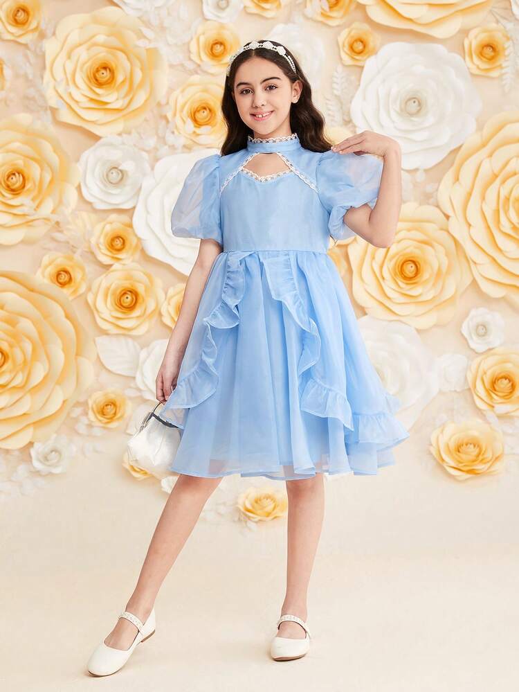Tween Girl Cute Stand Collar Cut-Out Design Bubble Sleeve Ruffle Hem Dress