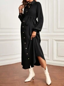 SHEIN Maternity Single-Breasted Long Sleeve Shirt Dress - Black - View 3
