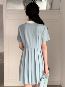 DAZY 女式拼色翻领百褶下摆连衣裙太阳裙衬衫裙，休闲女装 - 藍色 - 查看 2