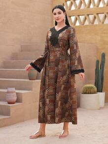 Al Najma Arabian Dresses Berikat Kontras Lace Paisley Anggun Modest - MultiWarna - View 8