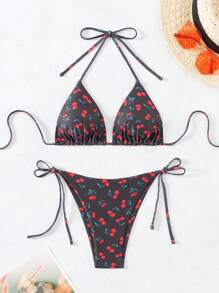 Swim Mod Summer Beach Women's Cherry Print Halter Neck Two-Piece Bikini Set - Black - View 1