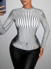 SHEIN SXY Của phụ nữ Thời trang Đường phố Sợi dây In Gợi cảm Tay áo dài Áo thun - Đen và trắng - Xem 5