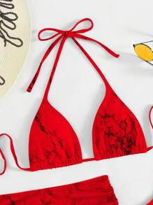 Swim SXY 3 stuks/set dames 2025 tie-dye halternek sexy micro driehoek print bikini set met doorschijnende cover-up mini rok, zomer