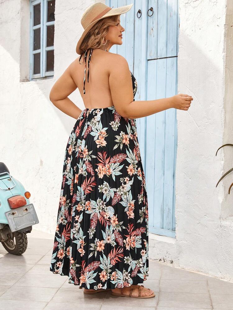 Plus Size Vacation Beach Floral Print Pleated V-Neck Cinched Waist Dress With Halter Neckline