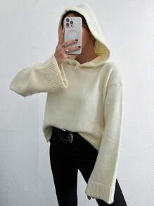 EURMUSE Women's Solid Color Hooded Loose Sweater With Dropped Shoulders - White - View 3