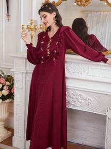 Al Najma 勃艮第红钻石装饰灯笼袖荷叶边下摆连衣裙 - 酒紅色 - 查看 5
