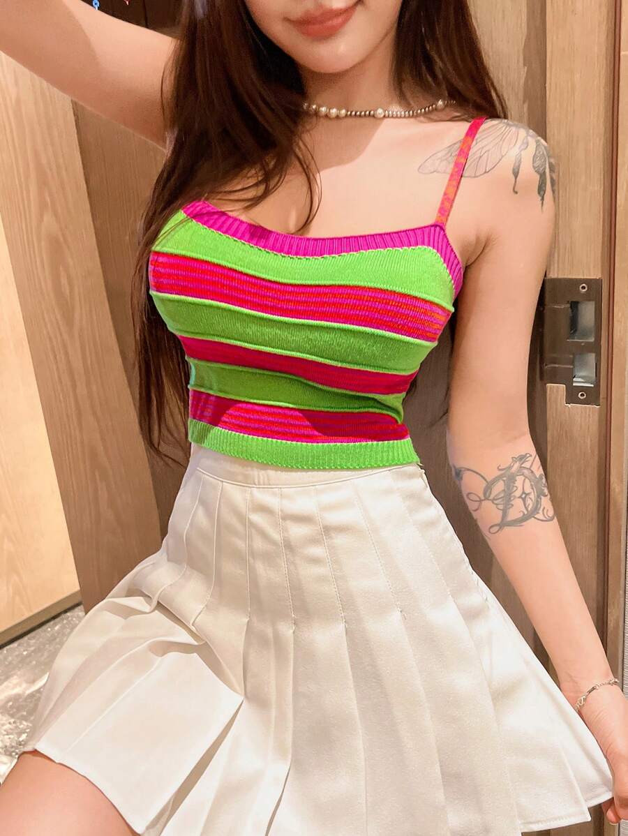 Flirla Ladies' Colorful Stripe Knitted Camisole Top - Multicolor - View 1