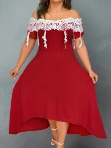 SHEIN Clasi Plus Off Shoulder Guipure Lace Insert High Low Hem Dress - Red - View 3