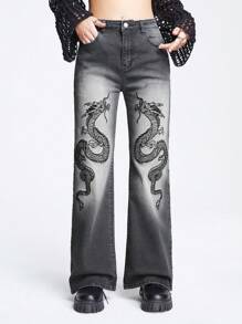 ROMWE Grunge Punk Của phụ nữ Rồng thêu Denim mùa giặt Denim Quần jean - màu đen - Xem 3