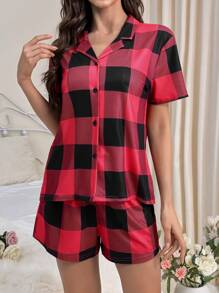 Rô Kiểm tra Mẫu Ngắn tay Áo sơ mi Và Quần short Trang phục mặc nhà Bộ - Nhiều màu - Xem 5