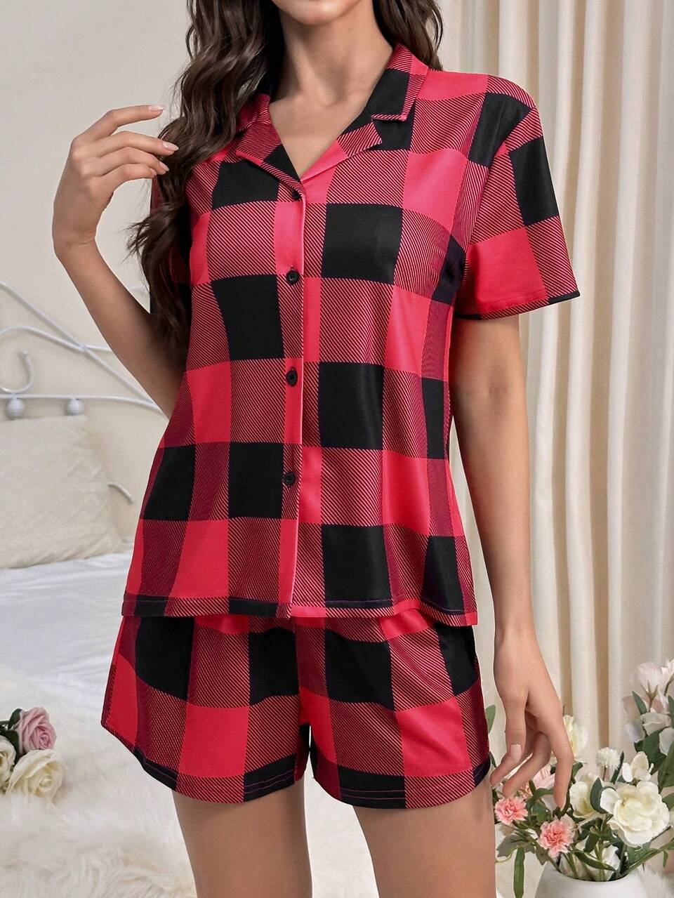 Gingham Check Pattern Short Sleeve Shirt And Shorts Homewear Set