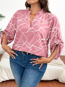 SHEIN Clasi Blusa De Talla Grande Con Estampado Geométrico Y Cuello Con Muescas - Rosa - Ver 7