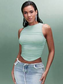 SHEIN BAE 春季純色街頭風扭摺打底背心連衣裙,適用於節日聚會 - 綠色 - 查看 4