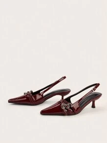 Wedding Party Sexy Burgundy Patent Leather Pointed Toe Metal Buckle Strap Stiletto High Heels - Burgundy - View 5