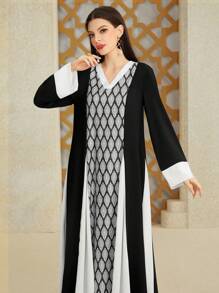 Al Najma Women's Geometric Pattern V-Neck Long Sleeve Color Block Dress