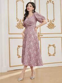 Modelyn Của phụ nữ Ngắn tay Dệt hoa Đầm - Hồng - Xem 6