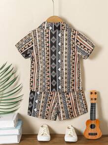 SHEIN Baby Jungen Sommer-set Mit Tropischem Muster: Hemd, Shorts Und T-shirt - Braun - Übersicht 2