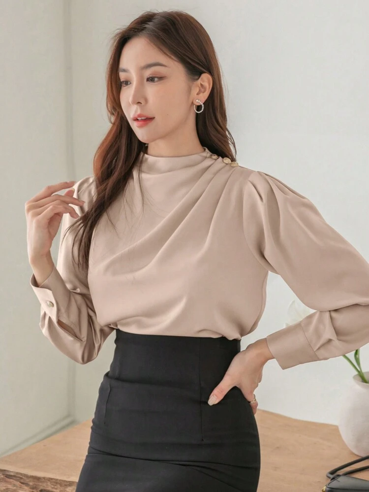 Solid Color Stand Collar Pleated Long Sleeve Shirt,Fall Clothes