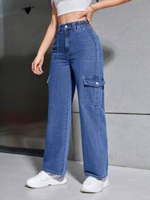 SHEIN PETITE 純色牛仔褲,配有大口袋 - 深色水洗藍 - 查看 4