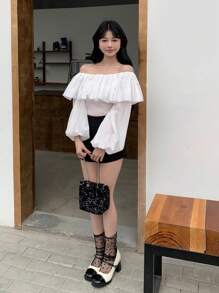 DAZY Solid Color Off-Shoulder Ruffle And Lantern Sleeve Women's Shirt,Off Shoulder Top Long Sleeve Top Going Out Tops - White - View 3