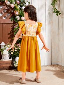 SHEIN Young Girls' Printed Patchwork Ribbon Detail Ruffle Hem Loose Casual Dress - Yellow - View 2