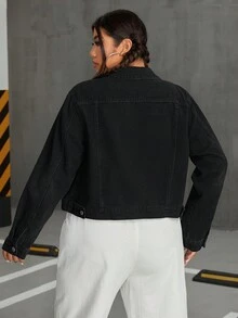 CovetEZ 大尺碼純色長袖牛仔外套 - 黑色 - 查看 2