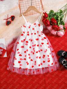 SHEIN Glamorique Kids 少女心印花網眼吊帶裙 - 白色 - 查看 2