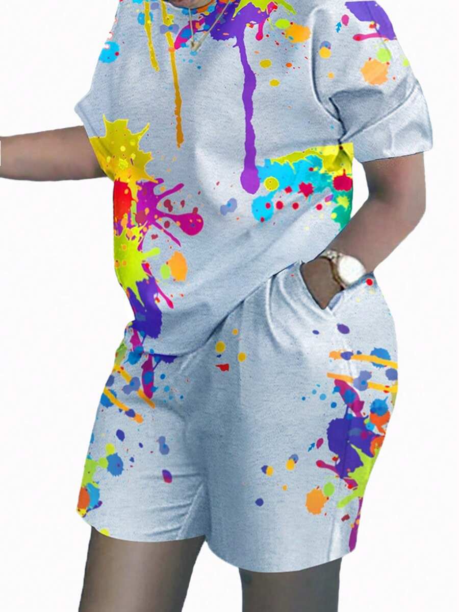 Plus Printed Top And Shorts Casual Set - Grey - View 1