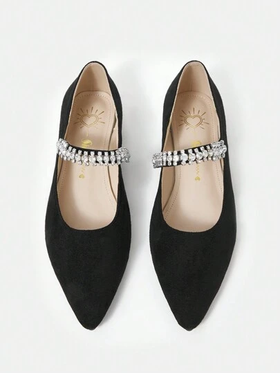 女士尖頭低跟黑色珍鞋,鑲有鉆石,休閒風格