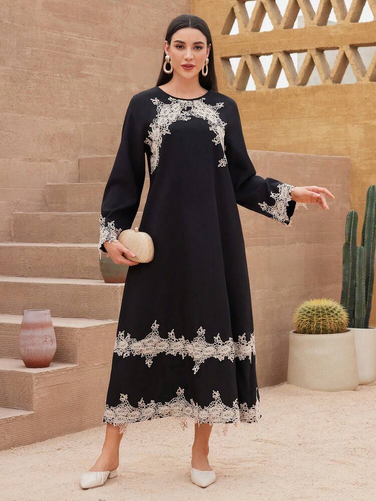 Women's A-Line Dress With Patchwork And Embroidery