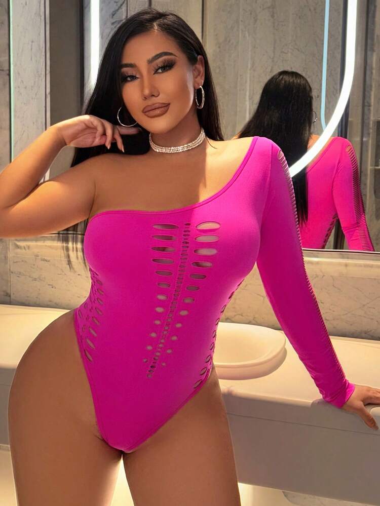 Valentine's Day Ladies Sexy Rose Red  Party Sexy Nightclub Hot Girl Chest Details Waist Details Arm Details Fishnet Slope Neck Asymmetrical Collar Long Sleeves High Elastic Seamless High Elastic Silk Short Bodysuit