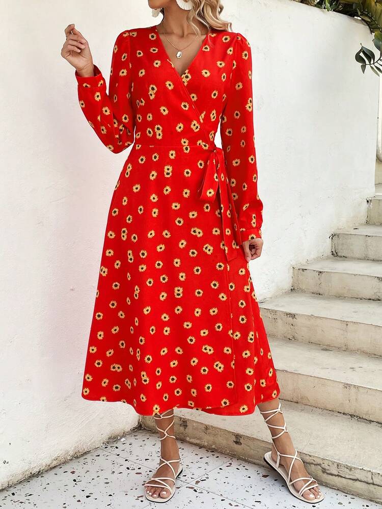 Women's Floral Print Wrap Front Self Tie Slit Dress Fall Cloth For Women