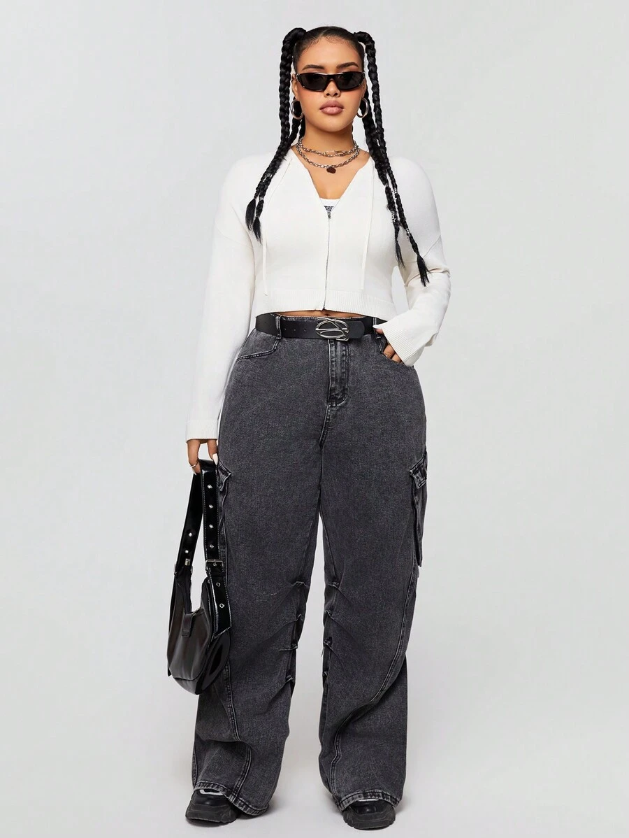 SHEIN EZwear CURVE Plus Size Casual Crop Hoodie With Zipper Closure, Winter