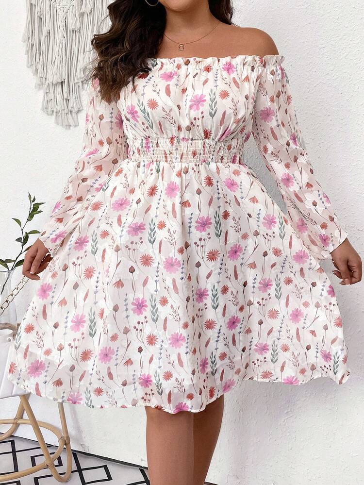 Plus Size Women's Off-Shoulder Floral Printed Dress Fall Cloth For Women