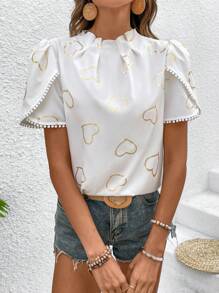 SHEIN LUNE Camisa Con Mangas Abullonadas Y Estampado De Corazones Y Sellos Dorados