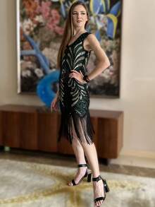 ANGEL FASHIONS 1920S Retro Cổ chữ V Kim sa Thêu Viền tua Đầm Party - màu xanh lá - Xem 6