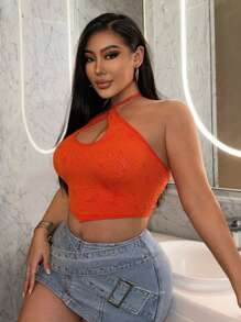 SHEIN SXY Vacation Textured Seamless Elastic Halter Neck Crop Tank Top