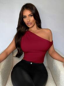 SHEIN SXY 女性性感側肩露背純色上衣,帶肩帶 - 紅色 - 查看 4