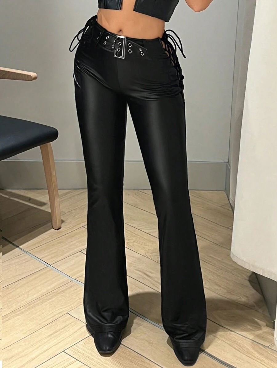 SHEIN ICON Low Rise Flared Pu Leather Trousers - Black - View 1