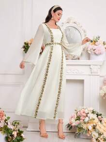 Al Najma Women's Bead Embellished Embroidery Square Neck Arabian Dress, Modest - Apricot - View 8