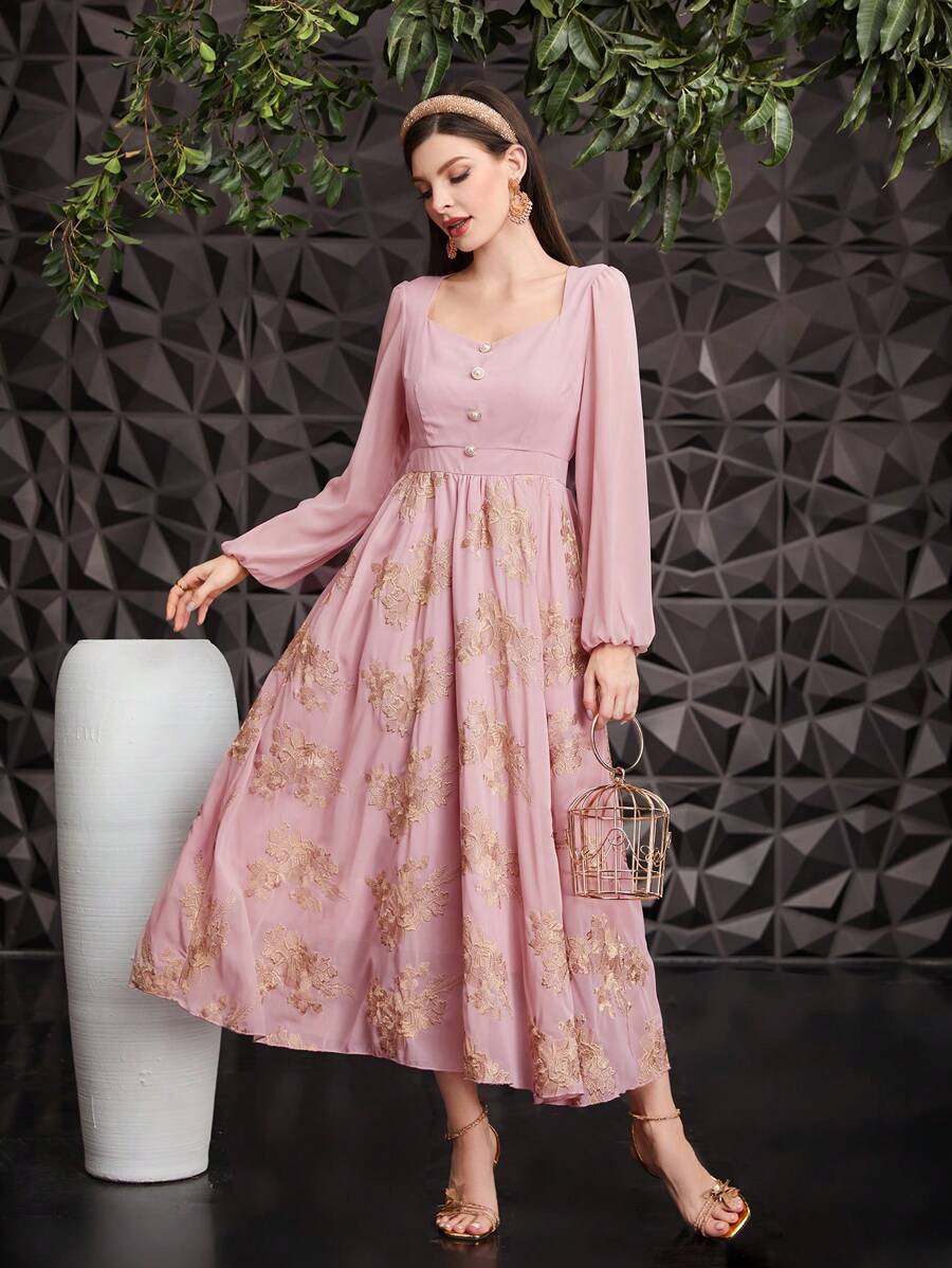 Modelyn Đầm dạ hội dài tay đèn lồng dệt jacquard cho nữ - Hồng - Xem 1