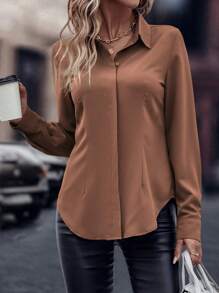 SHEIN LUNE Camisa de manga larga de unicolor, blusas de manga larga