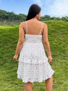 SHEIN Qutie Plus Size Women's Spring Floral Print Ruffled Cami Umbrella Dress - Multicolor - View 2