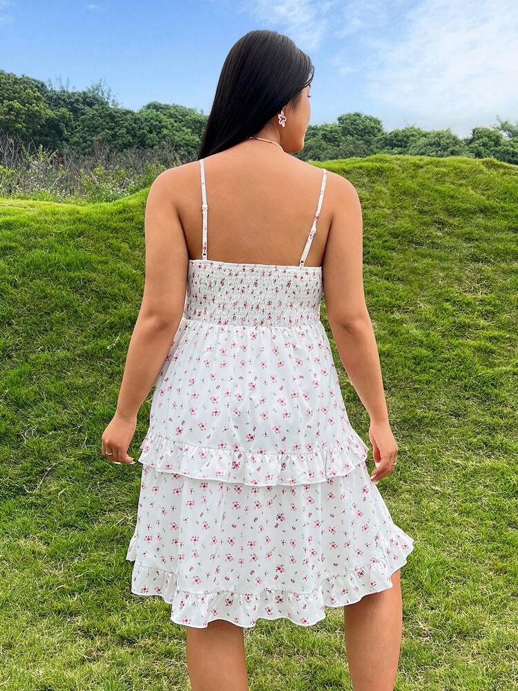 Plus Size Women's Spring Floral Print Ruffled Cami Umbrella Dress