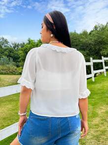 SHEIN Qutie Kích thước lớn Màu thuần Thêu Trang trí ren mỏng Ngắn Áo sơ mi - trắng - Xem 2