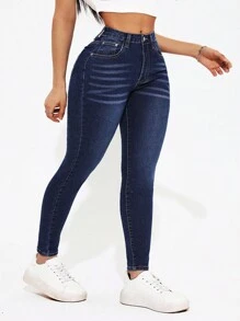 SHEIN PETITE 女式修身牛仔褲 - 深色水洗藍 - 查看 3