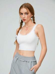 SHEIN Qutie 女士鉤織無袖蕾絲上衣 - 白色 - 查看 5